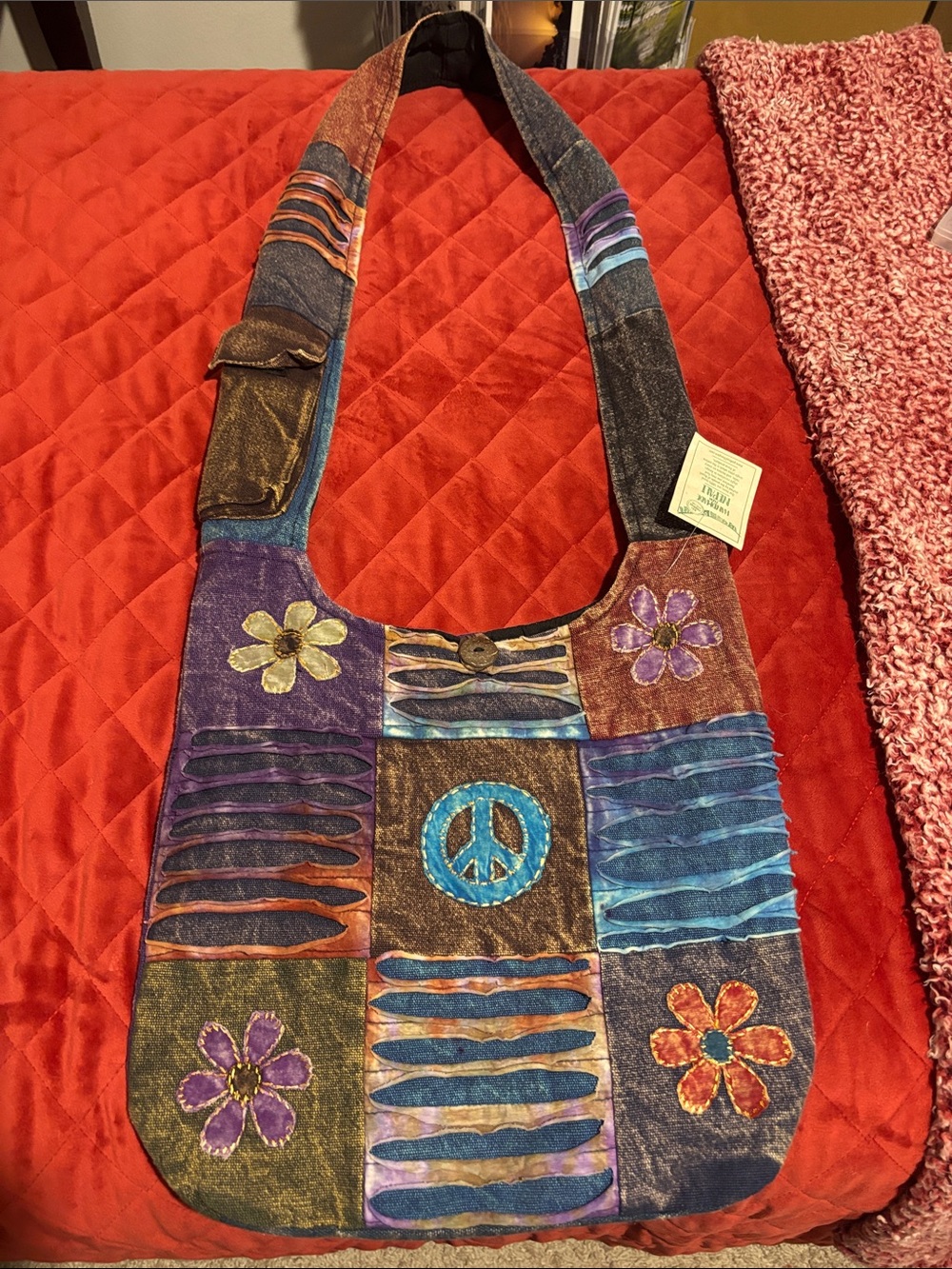 Boho Patchwork Peace Sign Shoulder Bag - Multicolor